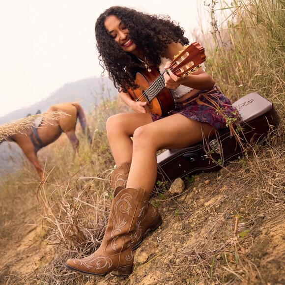 Dream Pairs Women's Tan Mid Calf Cowgirl Boots Square Toe Chunky Heel Shoes - Picture 7 of 8